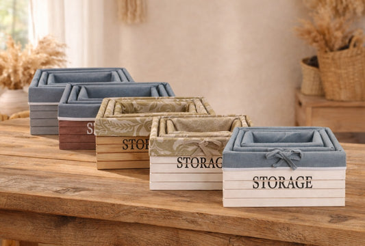 Set de 3 canastos en madera forrados en tela