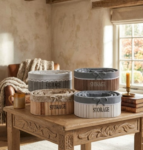 Set de 3 canastos en madera forrados en tela