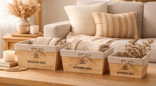 Set de 3 canastos en madera forrados en tela