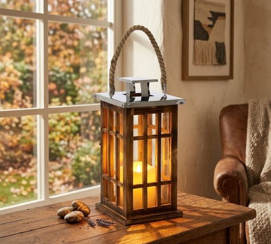 Fanal madera con vela led 33cm