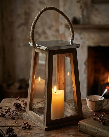 Fanal madera con vela led 29cm