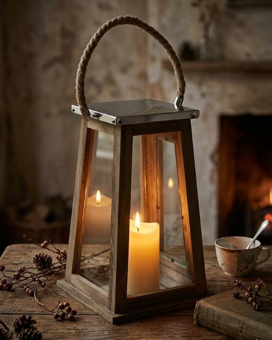 Fanal madera con vela led 29cm