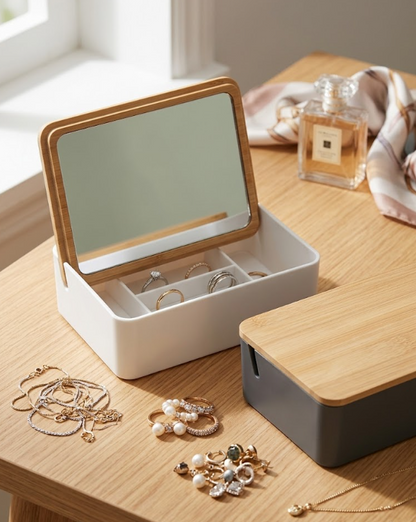Espejo de mesa rectangular plástico con alhajero